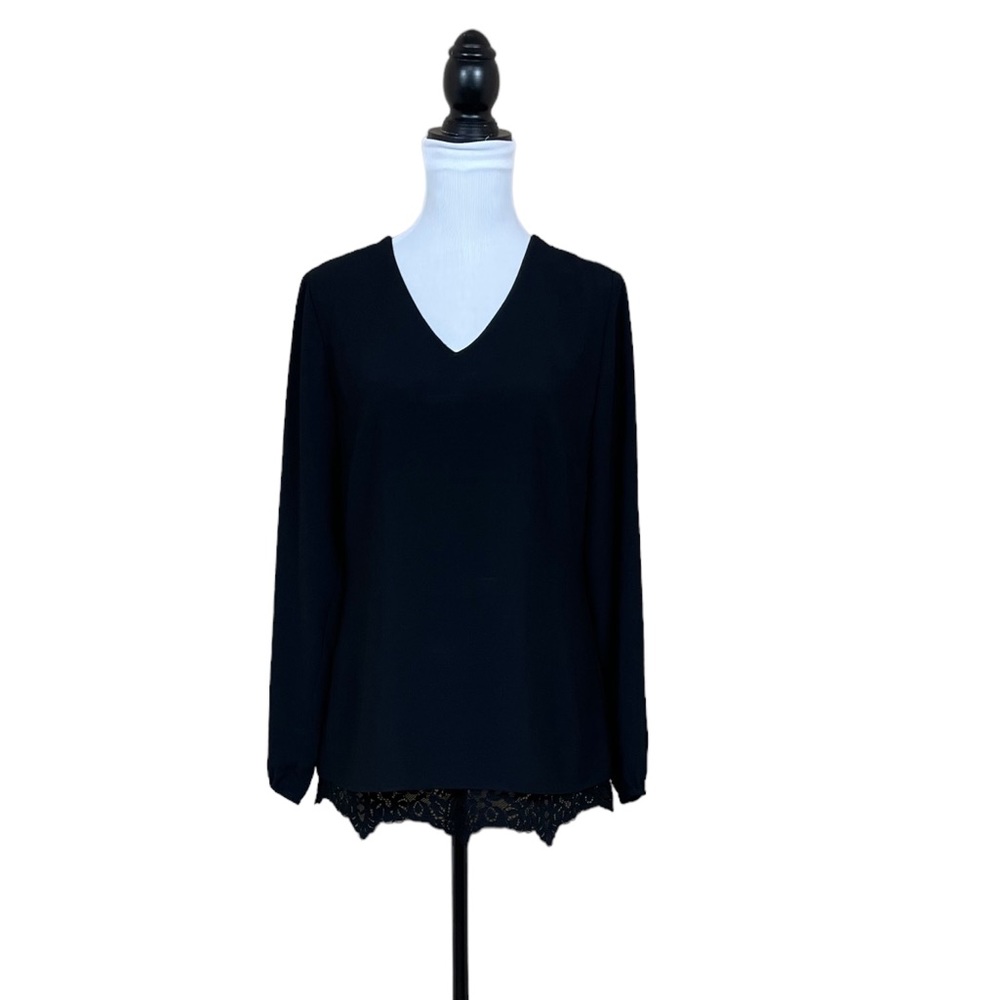 CAbi Black “Tempest” Long Sleeves Lace Back and Hem Blouse - Picture 3 of 12
